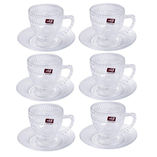 Engraved Design Clear Glass Tea Cup with Saucer Set of 6 210 ml