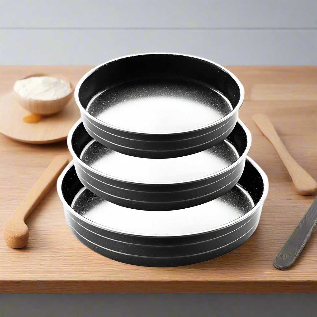 Round Oven Baking Tray Grey Marble Coating Non Stick Set 3Pcs