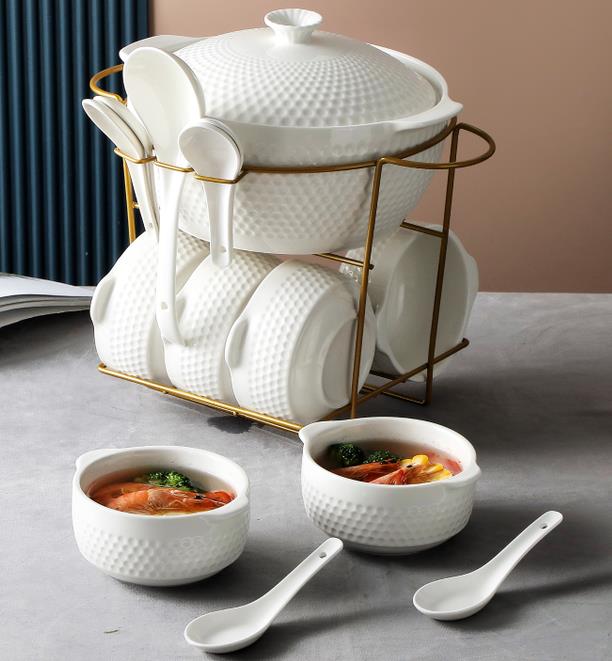 White Ceramic Tureen Soup Serving Dish and Bowl Set of 16