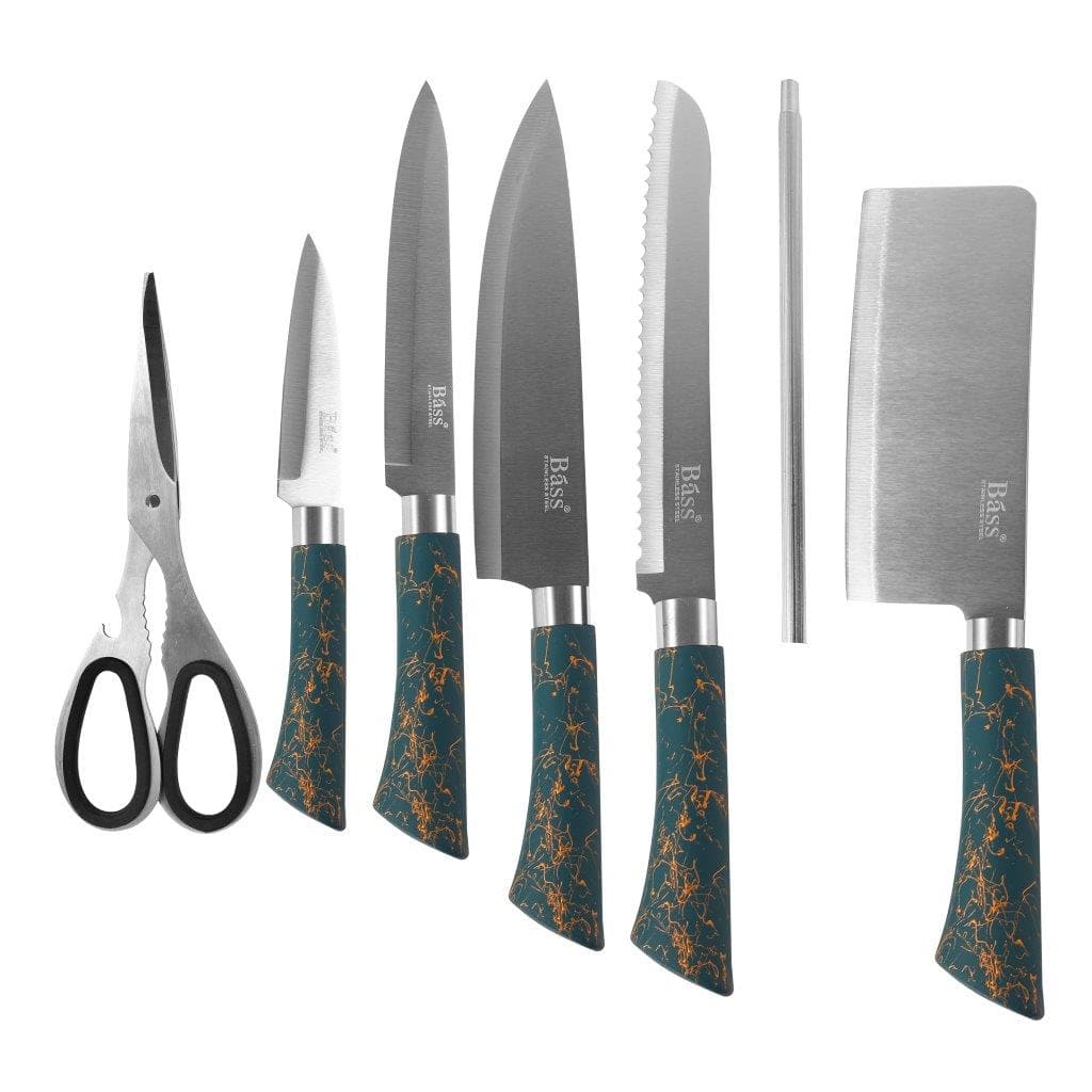Bass Brand Premium Quality Stainless Steel Chef Kitchen Knife Set of 8 Pcs Green Handle 30 cm