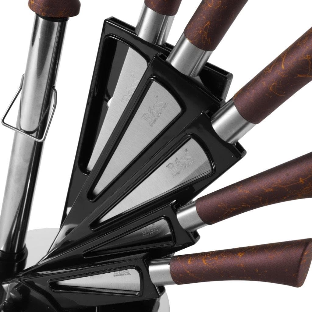 Bass Brand Premium Quality Stainless Steel Chef Kitchen Knife Set of 8 Pcs Maroon Handle 30 cm