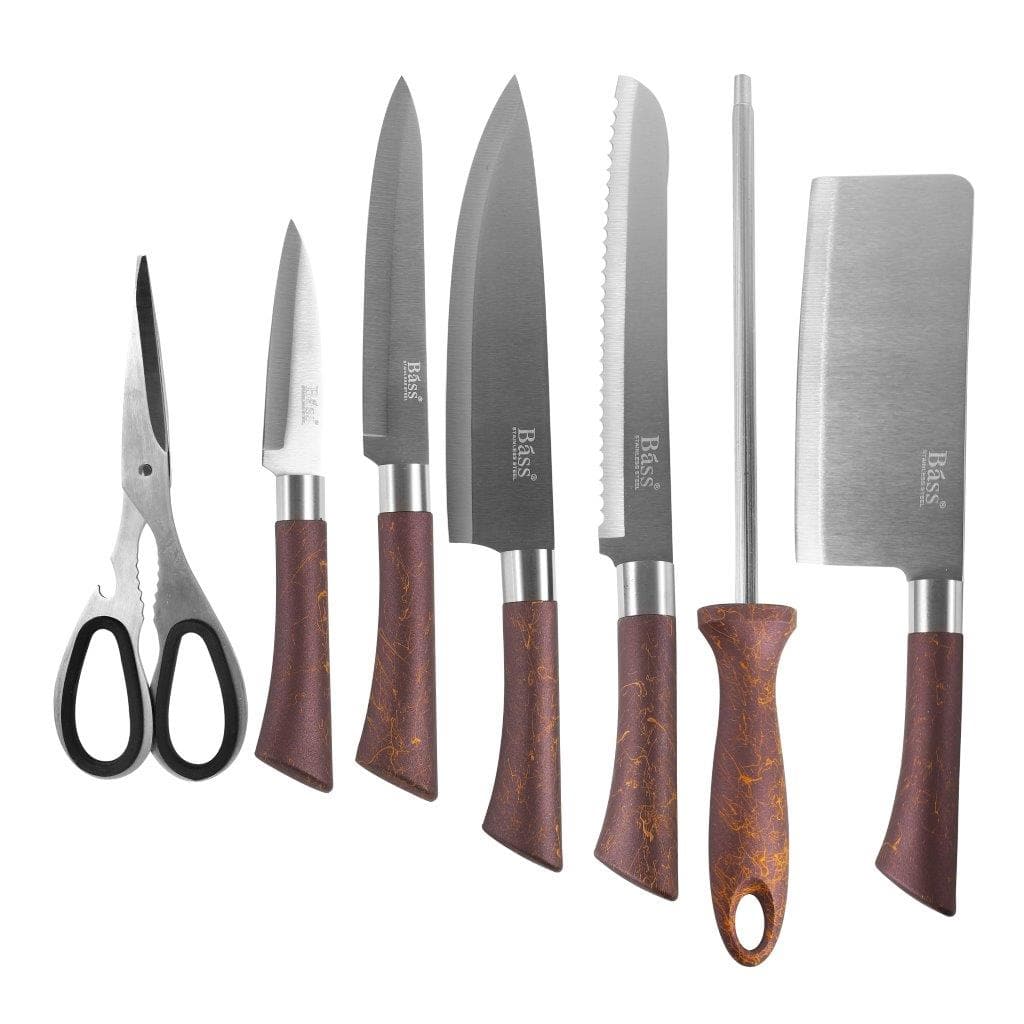 Bass Brand Premium Quality Stainless Steel Chef Kitchen Knife Set of 8 Pcs Maroon Handle 30 cm