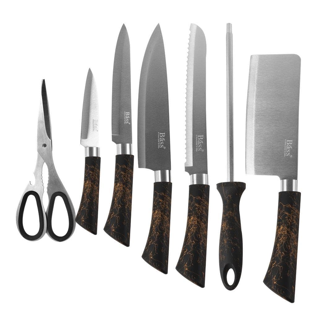 Bass Brand Premium Quality Stainless Steel Chef Kitchen Knife Set of 8 Pcs Black Handle 30 cm