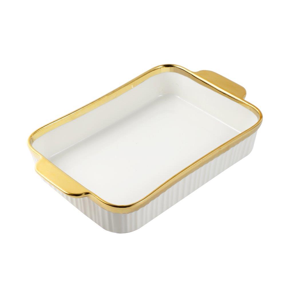 White Ceramic Gold Rim Rectangular Baking Dish