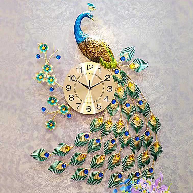 European Wall Style Metal Peacock Home Decorative Clock Wall Art 75*65 cm