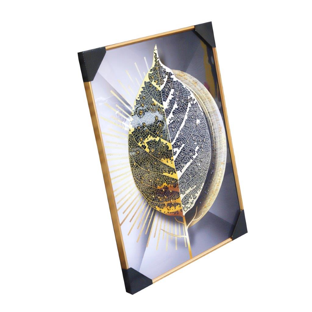 Home Decor Portrait Canvas Wall Art Abstract Leaf Oil Painting Gold Frame 60*80 cm