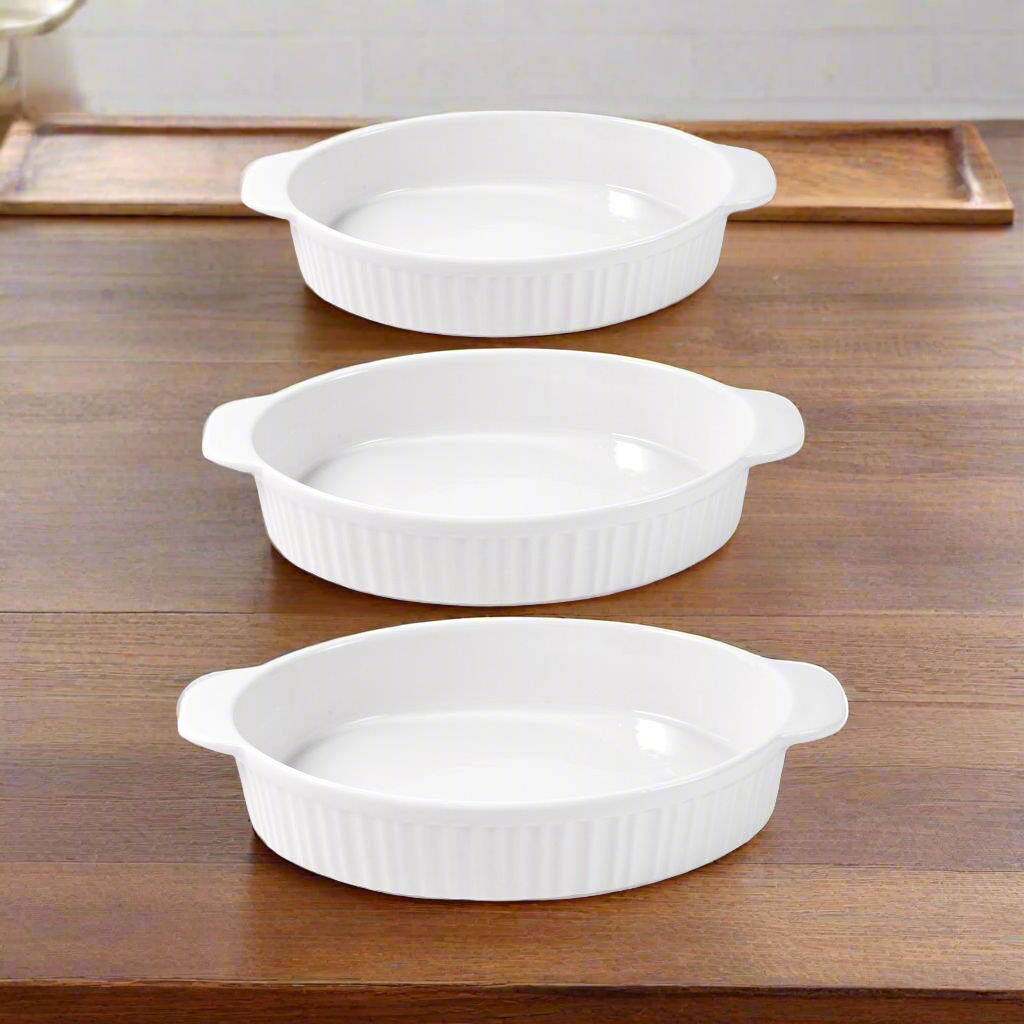Plain Vanilla White Ceramic Oval Baking Set of 3 Pcs Bakeware Serveware