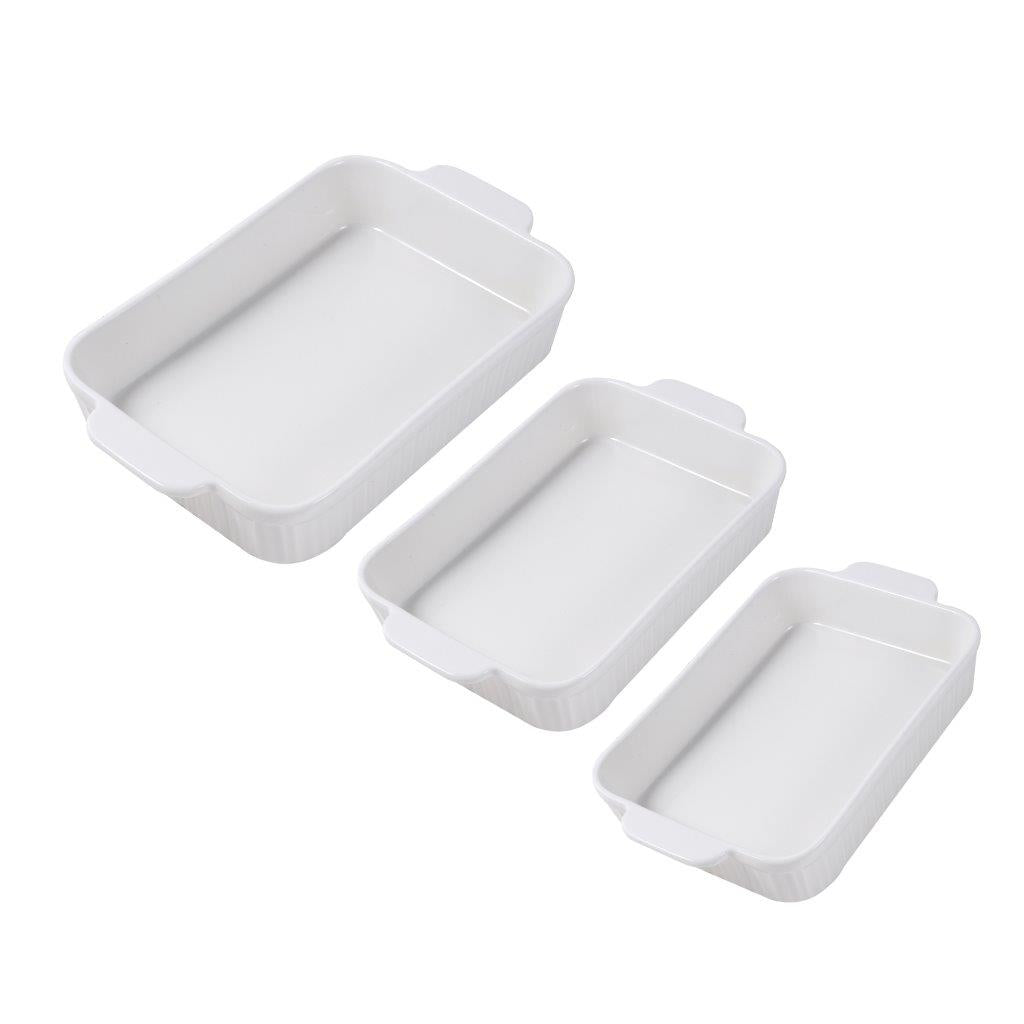 Plain Vanilla White Ceramic Rectangular Baking Set of 3 Pcs Bakeware Serveware