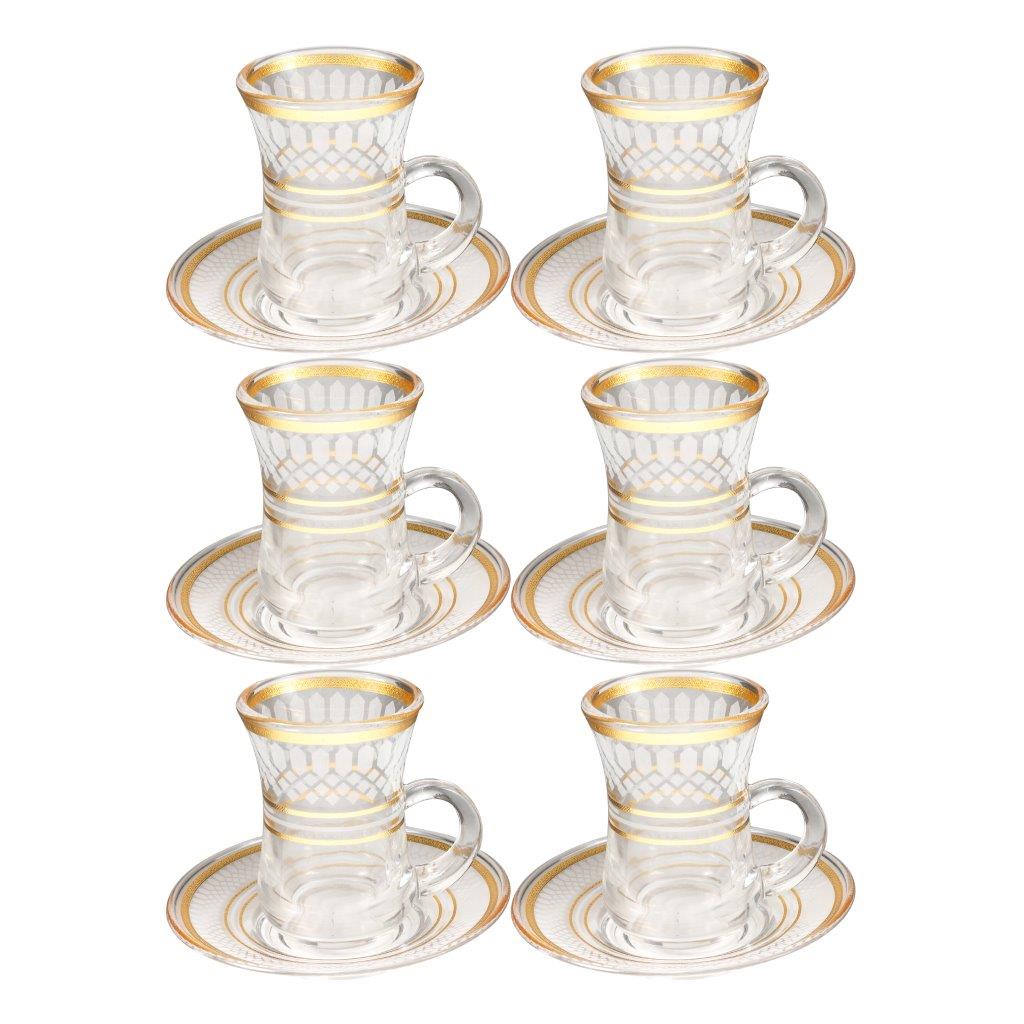 Deco Engraved Gold Abstract Design Istikana Glass Tea Cup and Saucer Set of 6 Pcs 11 cm/70 ml
