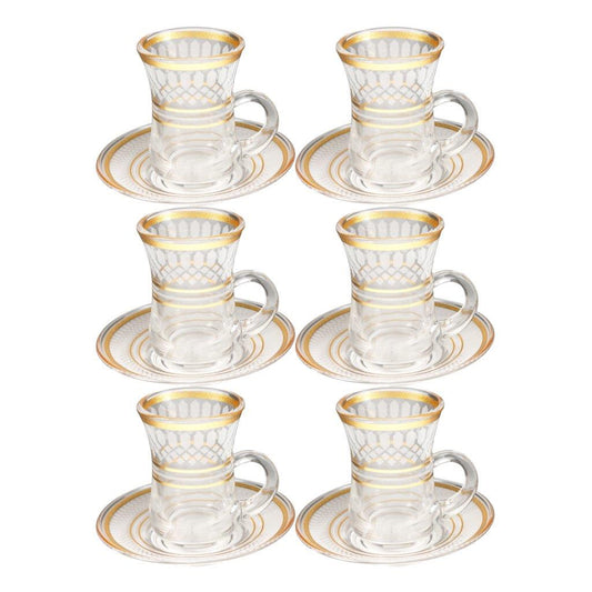 Deco Engraved Gold Abstract Design Istikana Glass Tea Cup and Saucer Set of 6 Pcs 11 cm/70 ml