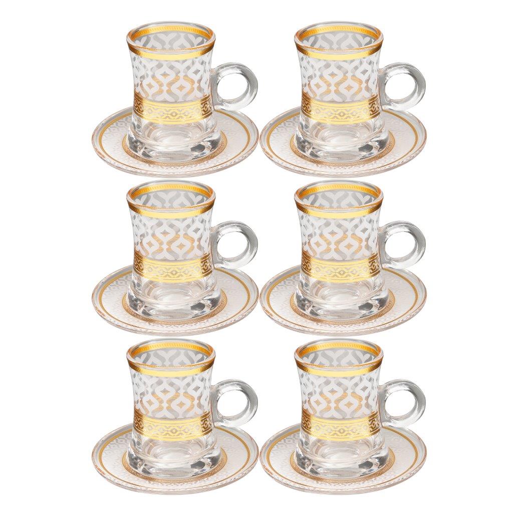 Deco Engraved Gold Abstract Design Istikana Glass Tea Cup and Saucer Set of 6 Pcs 11 cm/120 ml