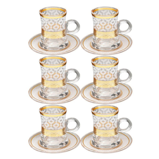 Deco Engraved Gold Abstract Design Istikana Glass Tea Cup and Saucer Set of 6 Pcs 11 cm/120 ml