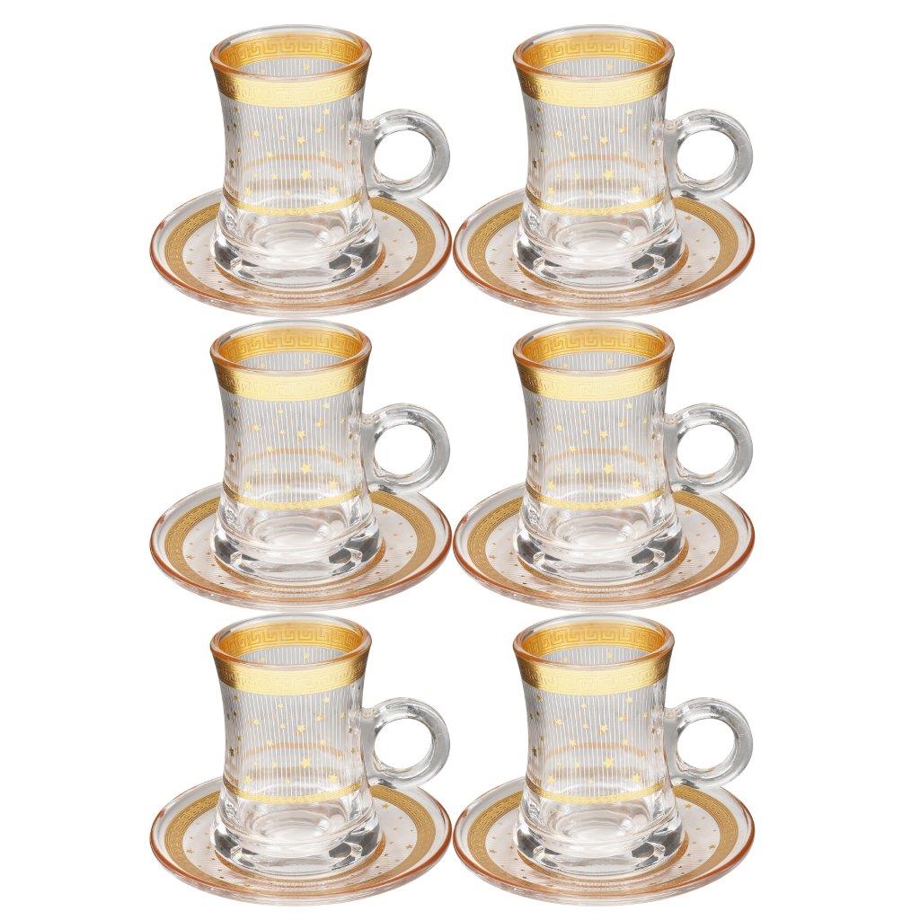 Deco Engraved Gold Abstract Design Istikana Glass Tea Cup and Saucer Set of 6 Pcs 11 cm/120 ml