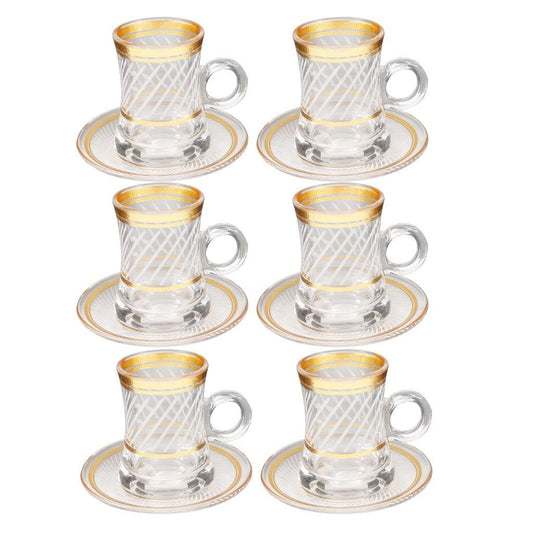 Deco Engraved Gold Abstract Design Istikana Glass Tea Cup and Saucer Set of 6 Pcs 11 cm/120 ml