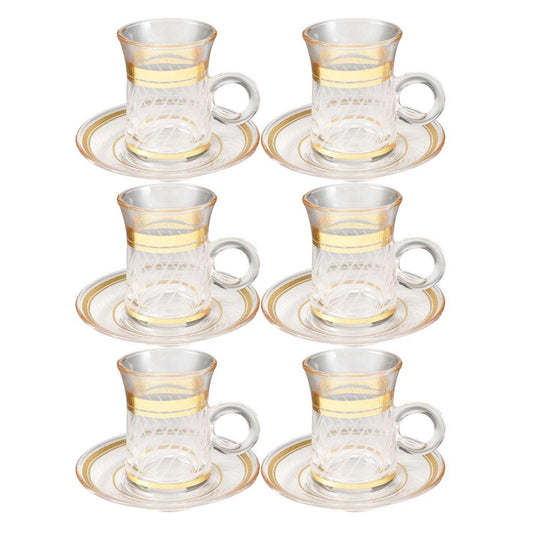 Deco Engraved Gold Abstract Design Istikana Glass Tea Cup and Saucer Set of 6 Pcs 11 cm/70 ml