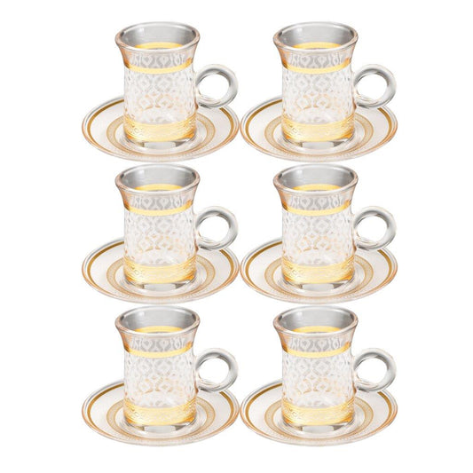 Deco Engraved Gold Abstract Design Istikana Glass Tea Cup and Saucer Set of 6 Pcs 11 cm/70 ml