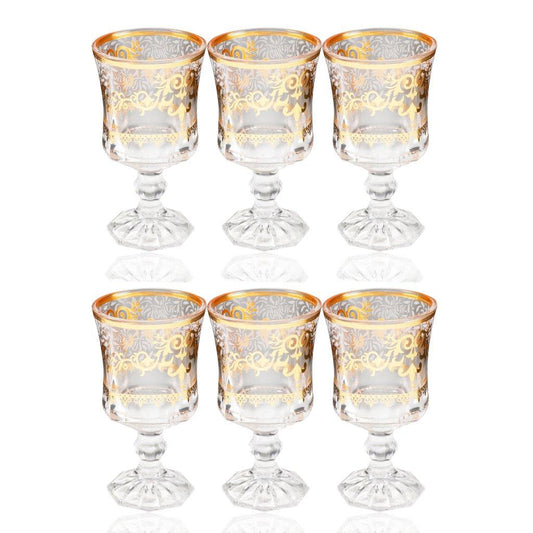 Deco Engraved Gold Abstract Design footed Istikana Glass Tea Cup Set of 6 Pcs 140 ml