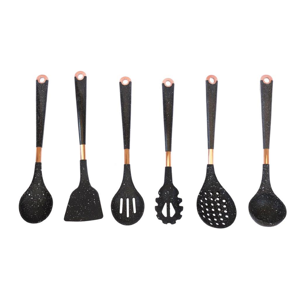 High Quality Plastic Kitchen Cutlery Utensil Spoon Set of 6 Pcs with Chrome Stand 37x15x13 cm