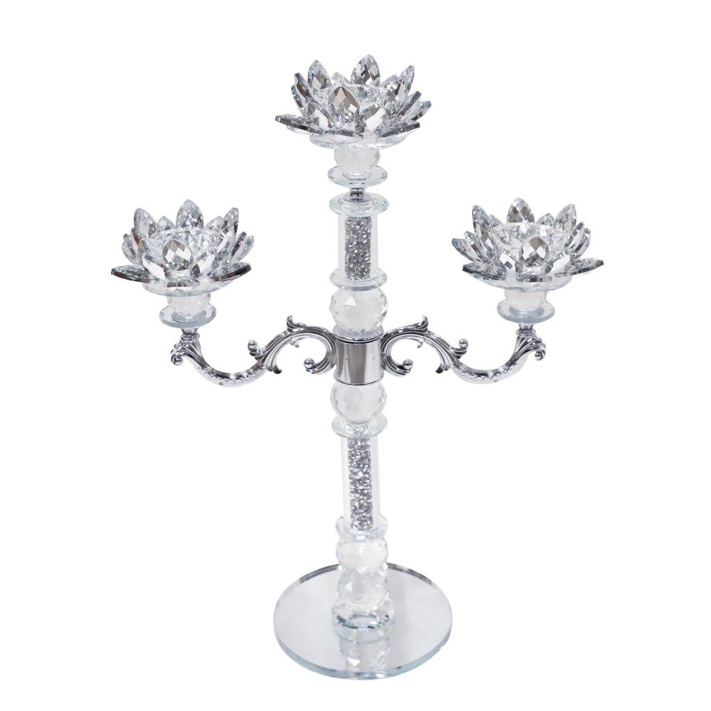 ديكور منزلي حامل شموع من الكريستال على سطح الطاولة، 3 أذرع، 42 سم
