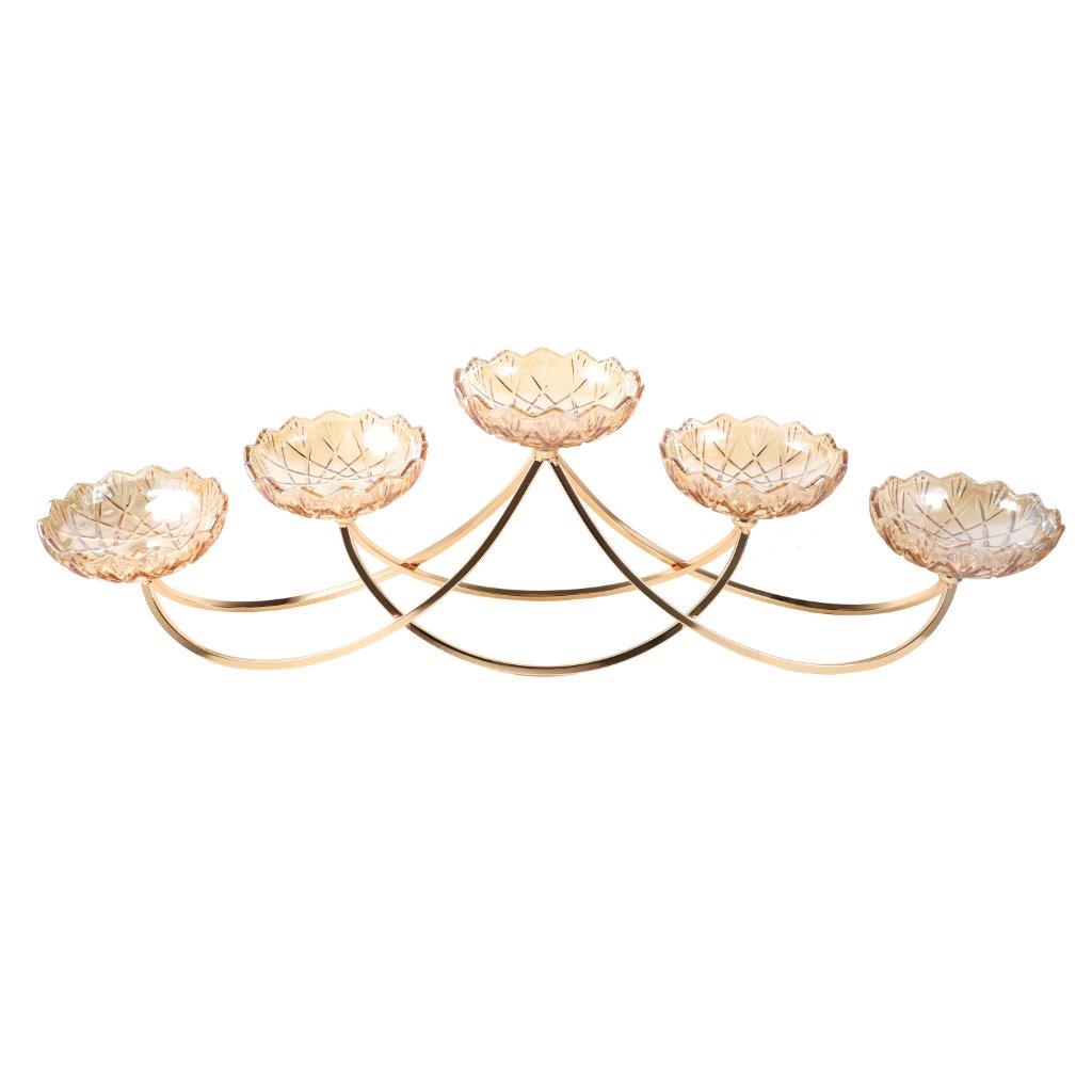 طبق تقديم حلويات من المعدن والزجاج الذهبي لتزيين الفواكه المجففة 5 أطباق 15.5*24*70 سم