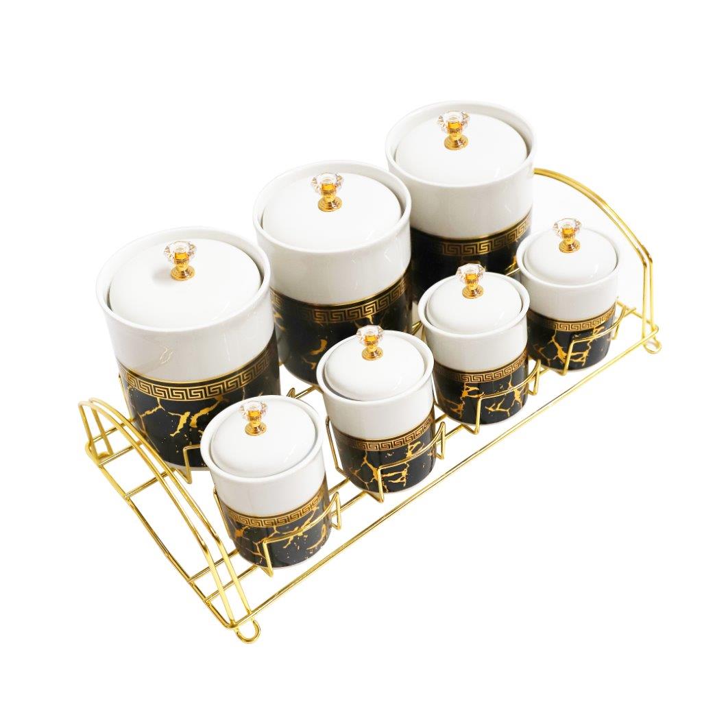 طقم حاويات سيراميك بطباعة تجريدية مكون من 7 قطع وحامل 650 مل/180 مل