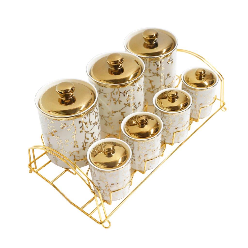 طقم حاويات سيراميك بطباعة تجريدية مكون من 7 قطع وحامل 650 مل/180 مل