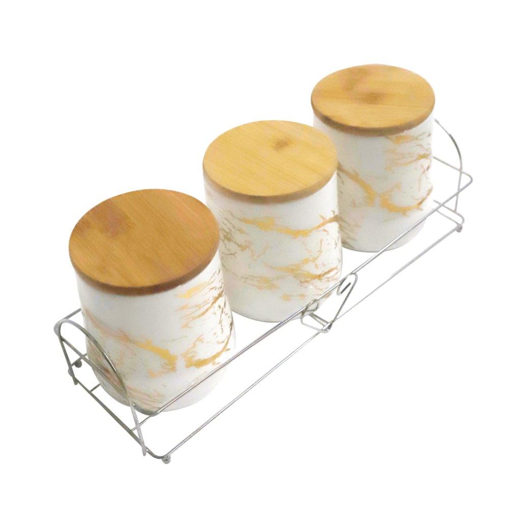 طقم حاويات سيراميك بطباعة تجريدية مكون من 3 قطع مع غطاء خشبي وحامل سعة 650 مل/180 مل