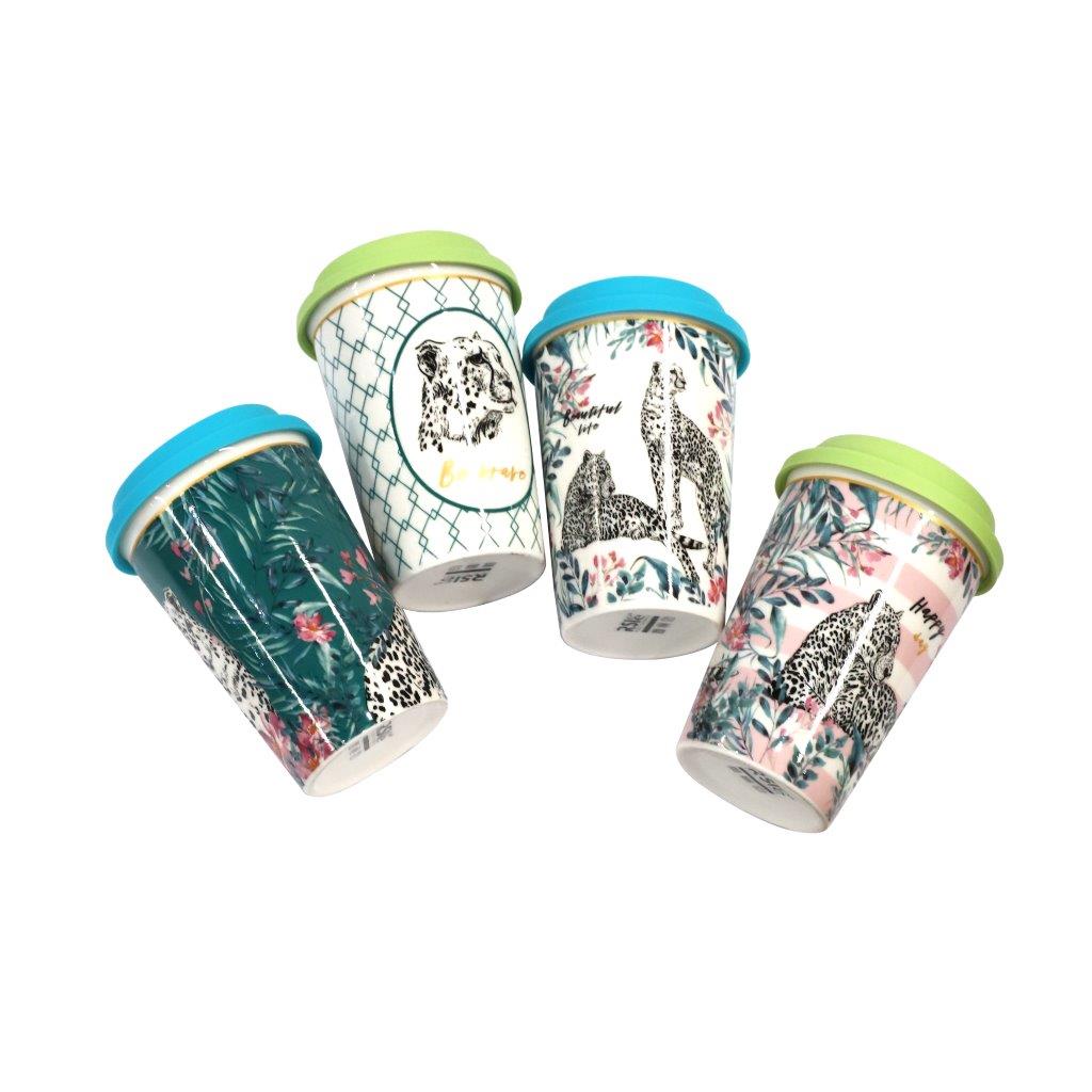 فنجان قهوة من الخزف العظمي مزين بملصق مع غطاء سيليكون طباعة تجريدية 400 مل