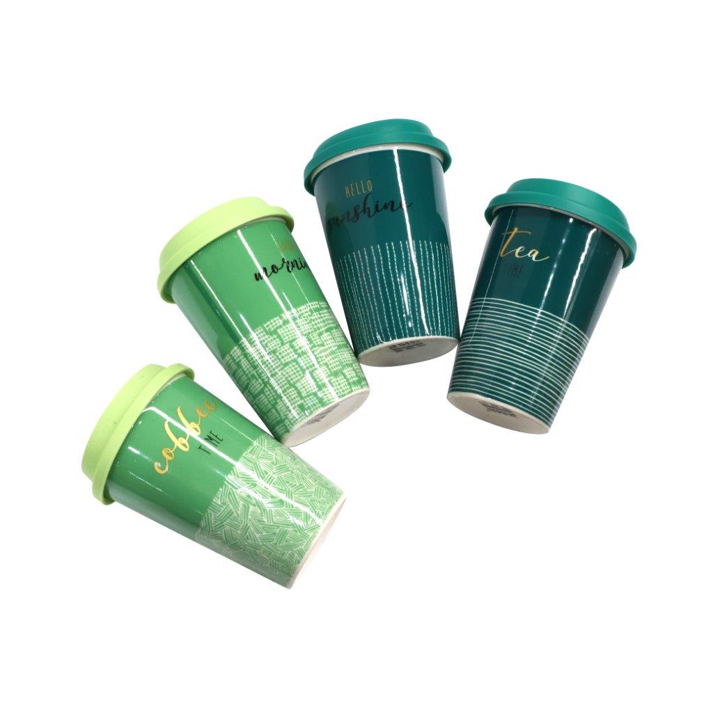 فنجان قهوة من الخزف العظمي مزين بملصق مع غطاء سيليكون طباعة تجريدية 400 مل