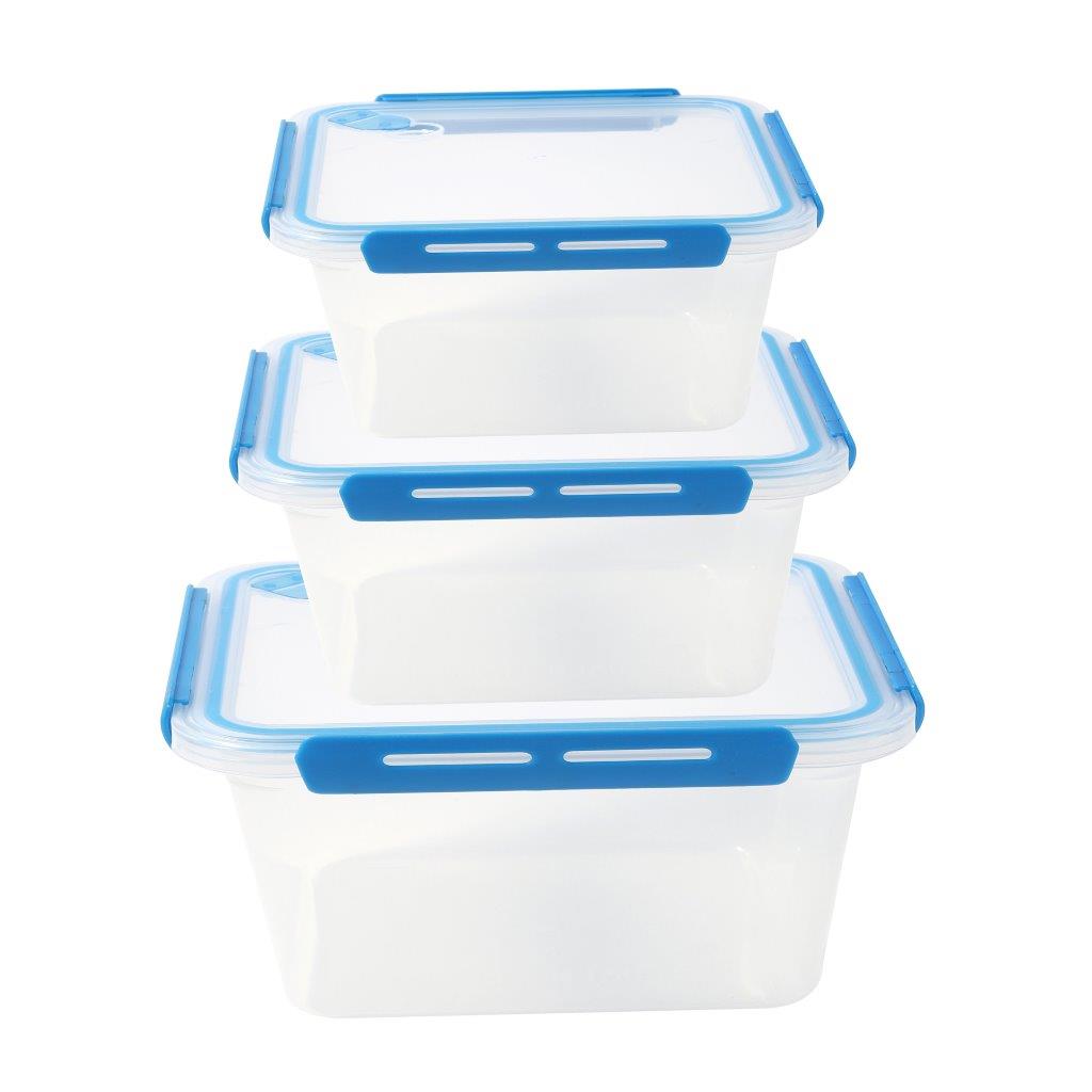 Multipurpose Clear Plastic Clip Lock Lunch Box Storage Box Food Container Set of 3 Pcs 23.5x16x9.7cm 2000 ml/23.5x16x7cm 1400 ml/ 23.5x16x4.8cm 900 ml