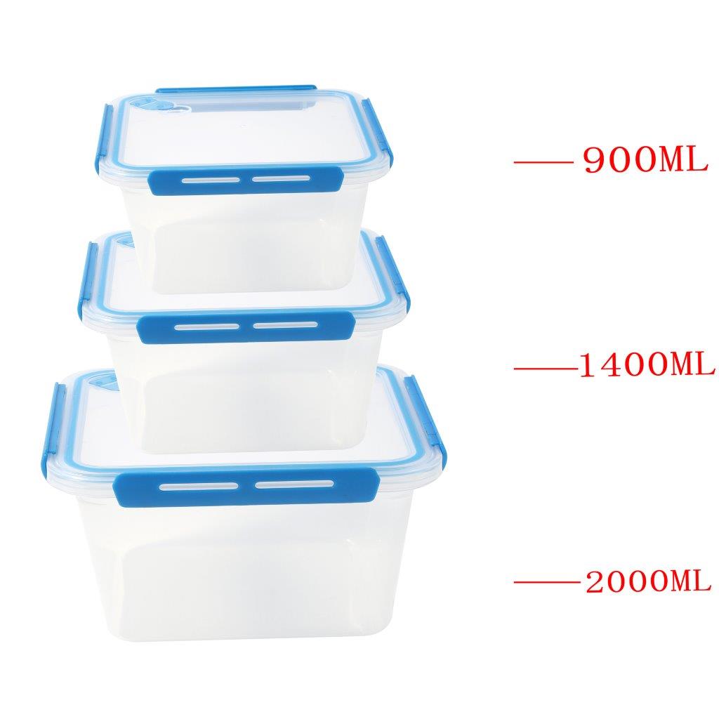 Multipurpose Clear Plastic Clip Lock Lunch Box Storage Box Food Container Set of 3 Pcs 23.5x16x9.7cm 2000 ml/23.5x16x7cm 1400 ml/ 23.5x16x4.8cm 900 ml