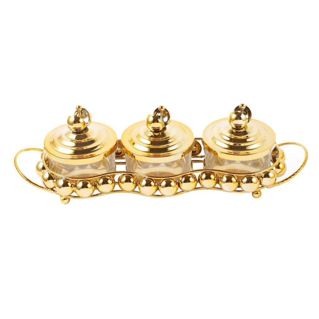 Gold Crystal Glass Candy Jar Canisters Set of 3 with Tray 37*12*12 cm