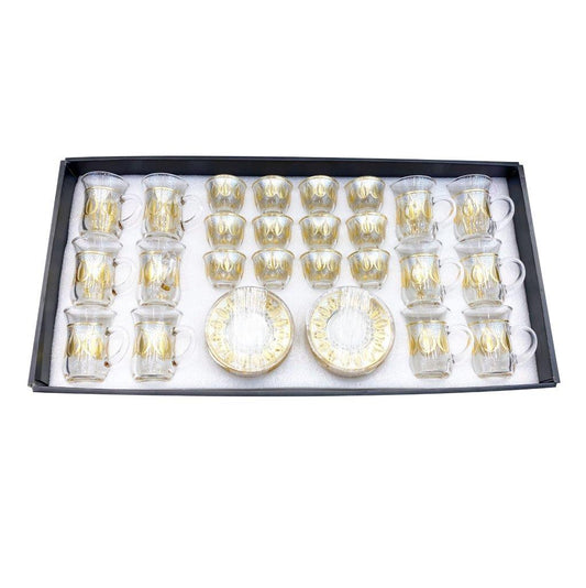 Moroccan Design Gold Drinking Glass Tea Cups and Saucer Set of 24 Pcs 11/6*5/6.5*9 cm **