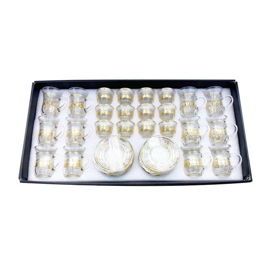 Moroccan Design Gold Drinking Glass Tea Cups and Saucer Set of 36 Pcs 11/6*5/6.5*9 cm **