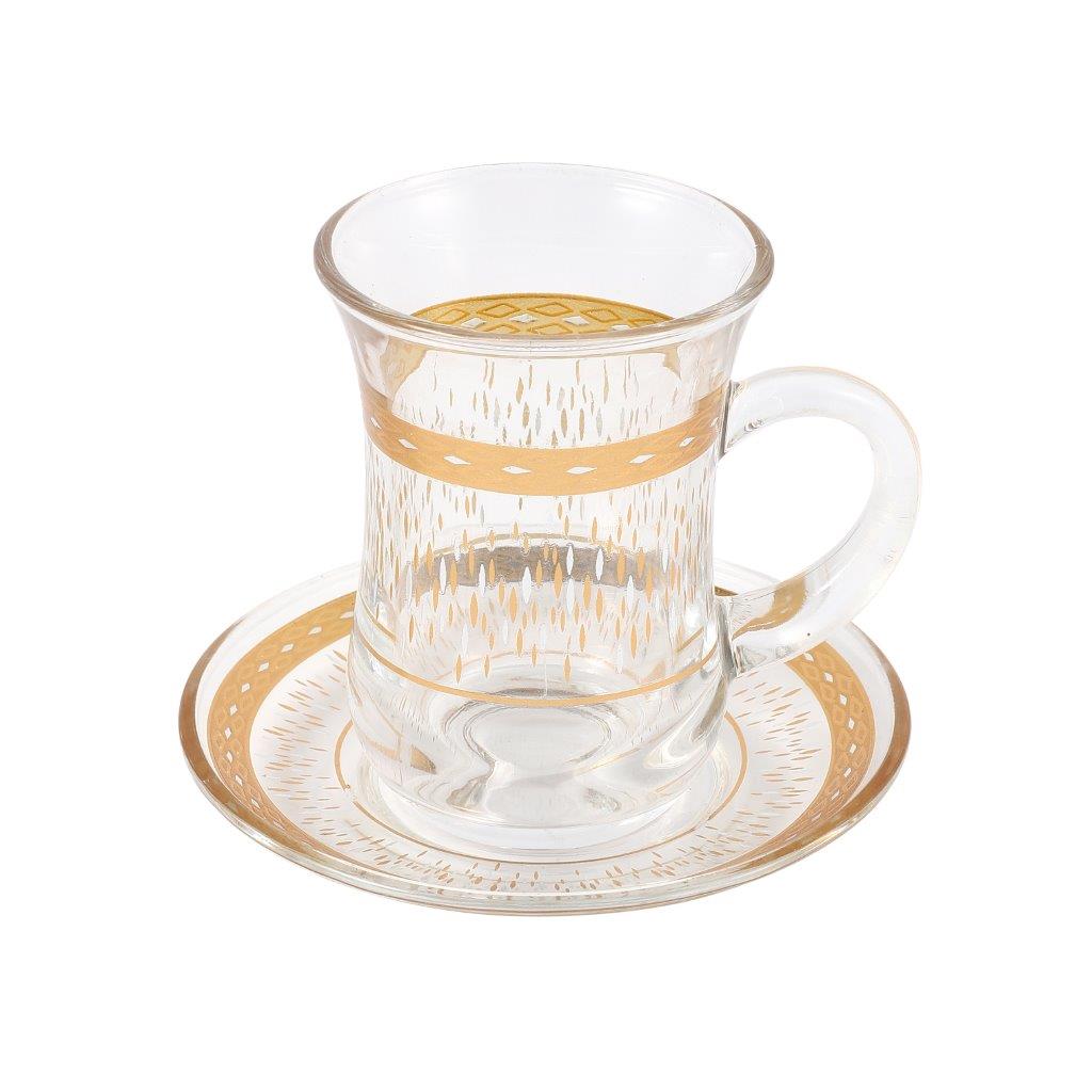 Moroccan Design Gold Drinking Glass Tea Cups and Saucer Set of 36 Pcs 11/6*5/6.5*9 cm **