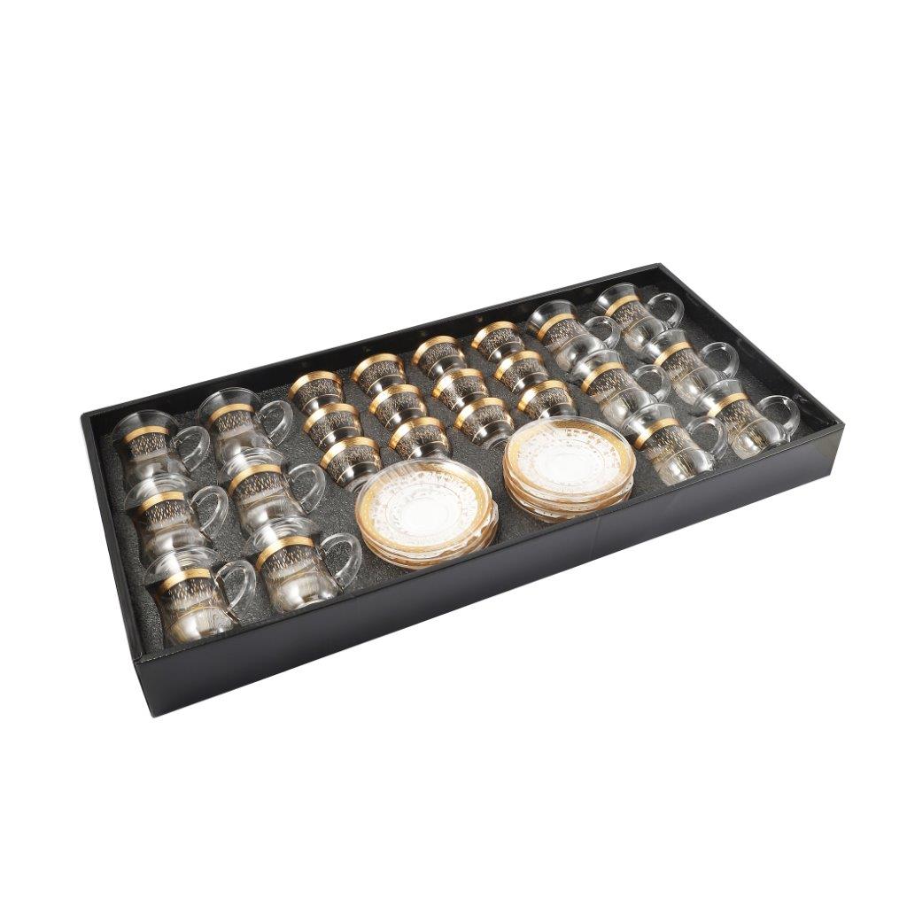 Moroccan Design Gold Drinking Glass Tea Cups and Saucer Set of 36 Pcs 11/6*5/6.5*9 cm **