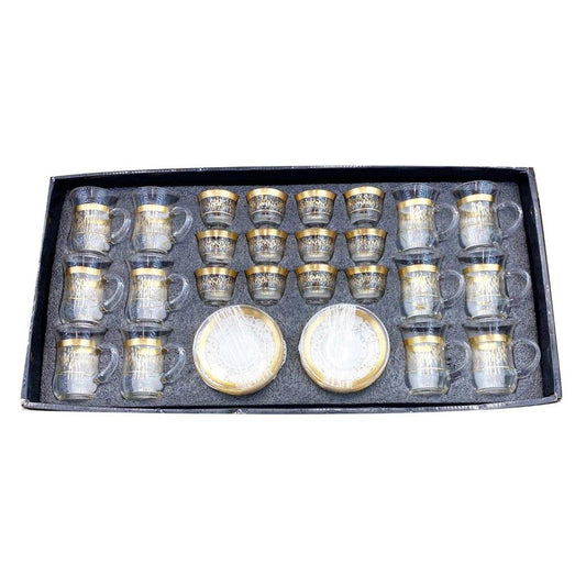 Moroccan Design Gold Drinking Glass Tea Cups and Saucer Set of 36 Pcs 11/6*5/6.5*9 cm **