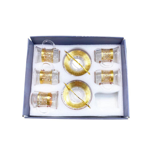 Moroccan Design Gold Drinking Glass Tea Cups and Saucer Set of 6 Pcs 11/5.5*8 cm **