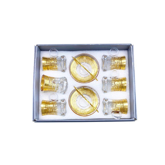 Moroccan Design Gold Drinking Glass Tea Cups and Saucer Set of 6 Pcs 11/5.5*8 cm **