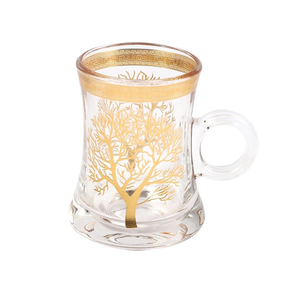 Moroccan Design Gold Drinking Glass Tea Cups and Saucer Set of 6 Pcs 11/5.5*8 cm **