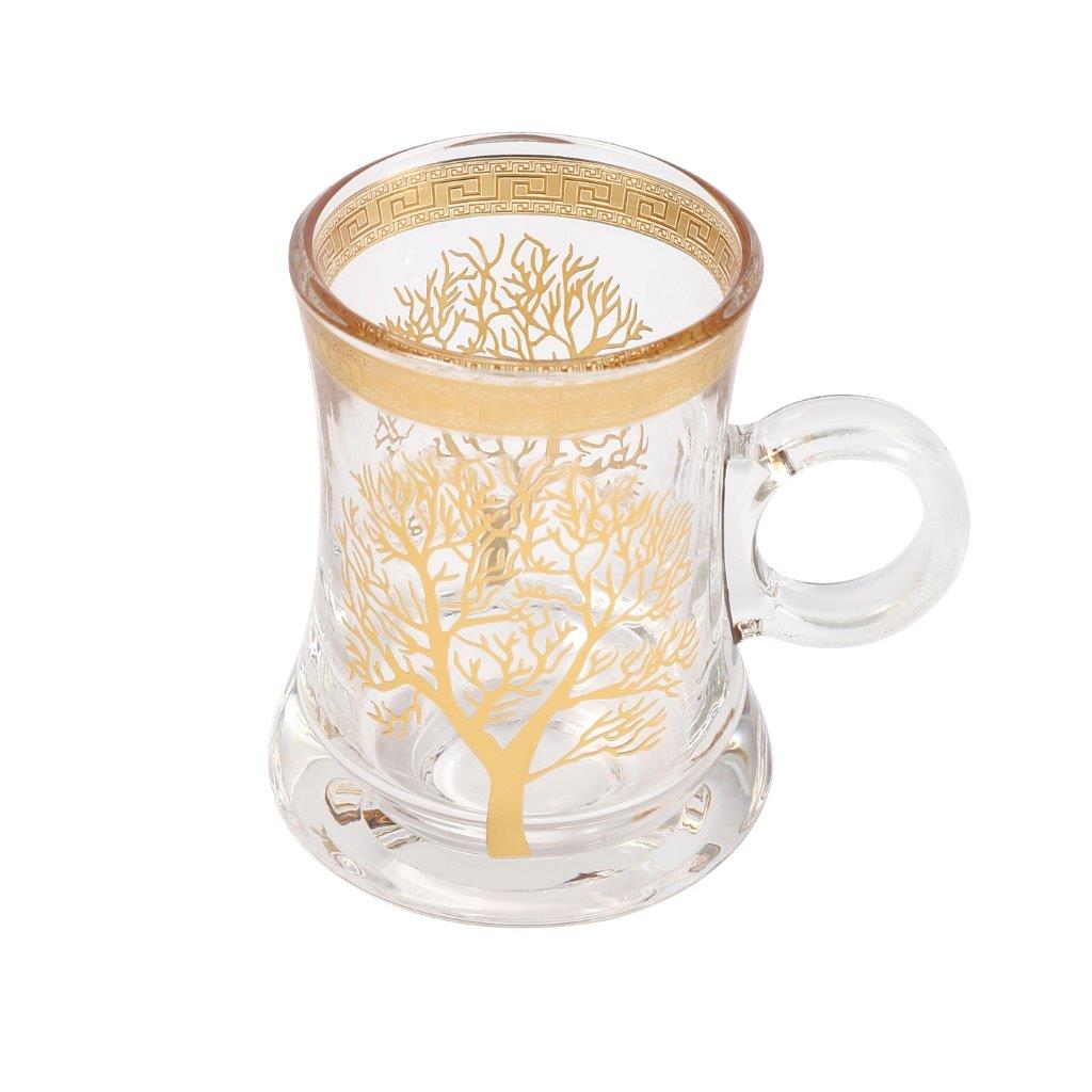 Moroccan Design Gold Drinking Glass Tea Cups and Saucer Set of 6 Pcs 11/5.5*8 cm **