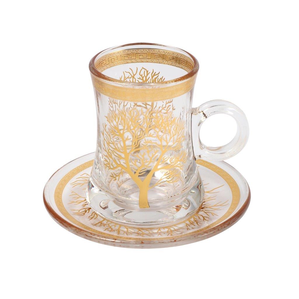Moroccan Design Gold Drinking Glass Tea Cups and Saucer Set of 6 Pcs 11/5.5*8 cm **