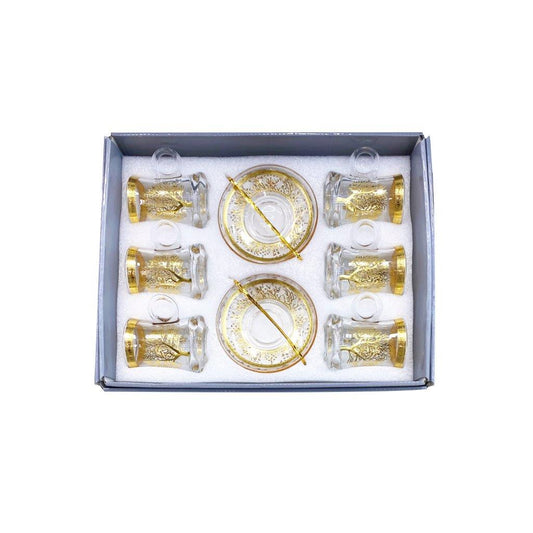 Moroccan Design Gold Drinking Glass Tea Cups and Saucer Set of 6 Pcs 11/5.5*8 cm **