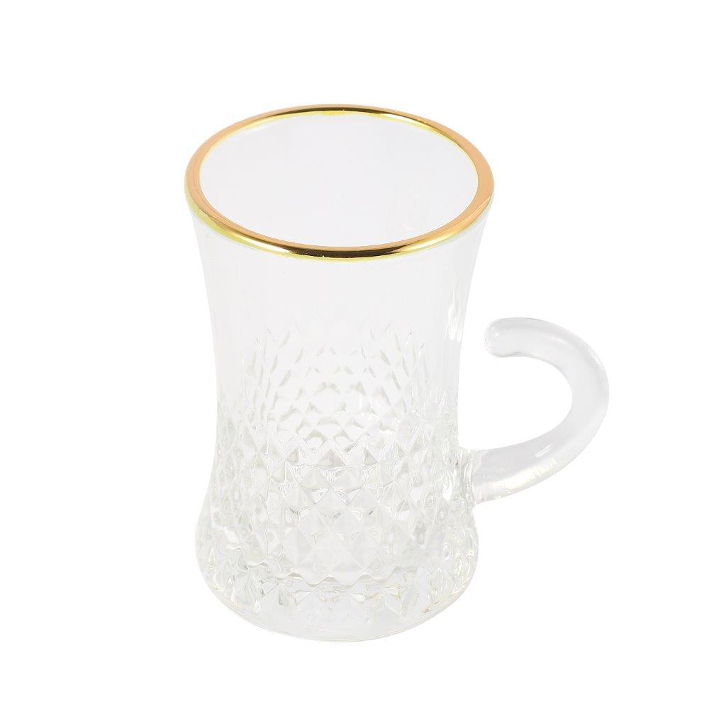 Moroccan Design Gold Drinking Glass Tea Cups and Saucer Set of 6 Pcs 11/5.5*8 cm **