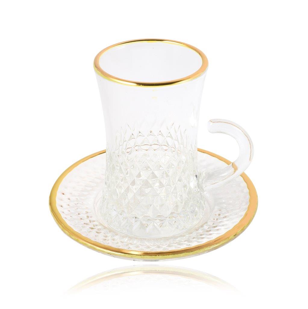 Moroccan Design Gold Drinking Glass Tea Cups and Saucer Set of 6 Pcs 11/5.5*8 cm **