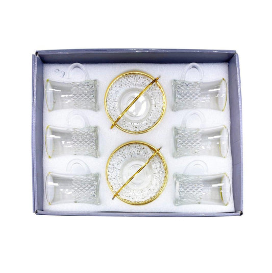 Moroccan Design Gold Drinking Glass Tea Cups and Saucer Set of 6 Pcs 11/5.5*8 cm **