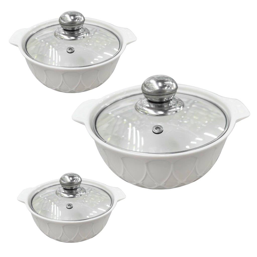 White Ceramic Gold Rim Bowl Fine Porcelain Casserole Set of 3 Pcs 7''+8''+9''