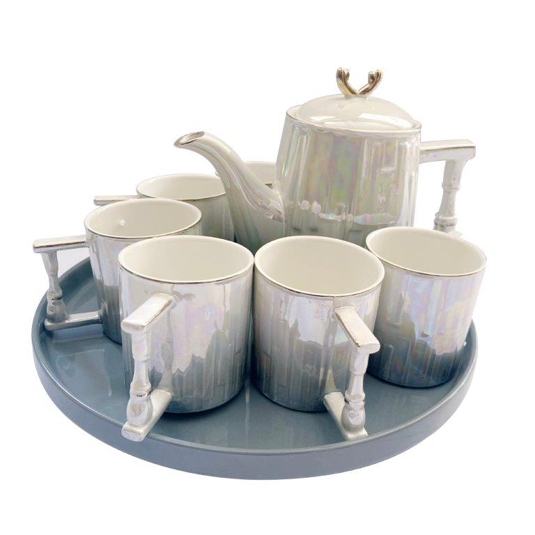 Ceramic Tea Cup with Kettle and Serving Tray Set of 8 Pcs ** 7.5*8/19*9.5/30.5*4.5 cm