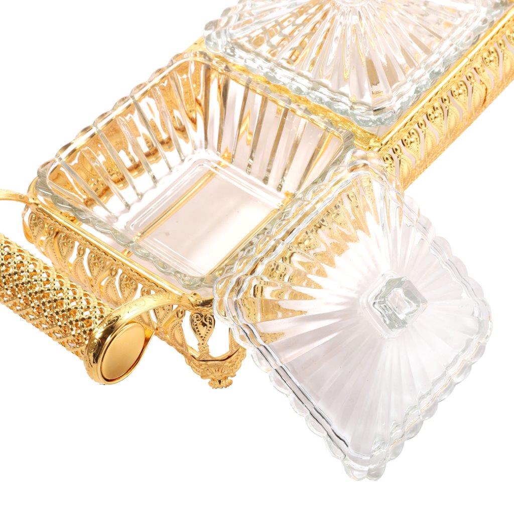 Metal Deco Gold Candy Box Nuts and Chocolates 2 Slot Serving Tray with Lid 47*11.5*10 cm