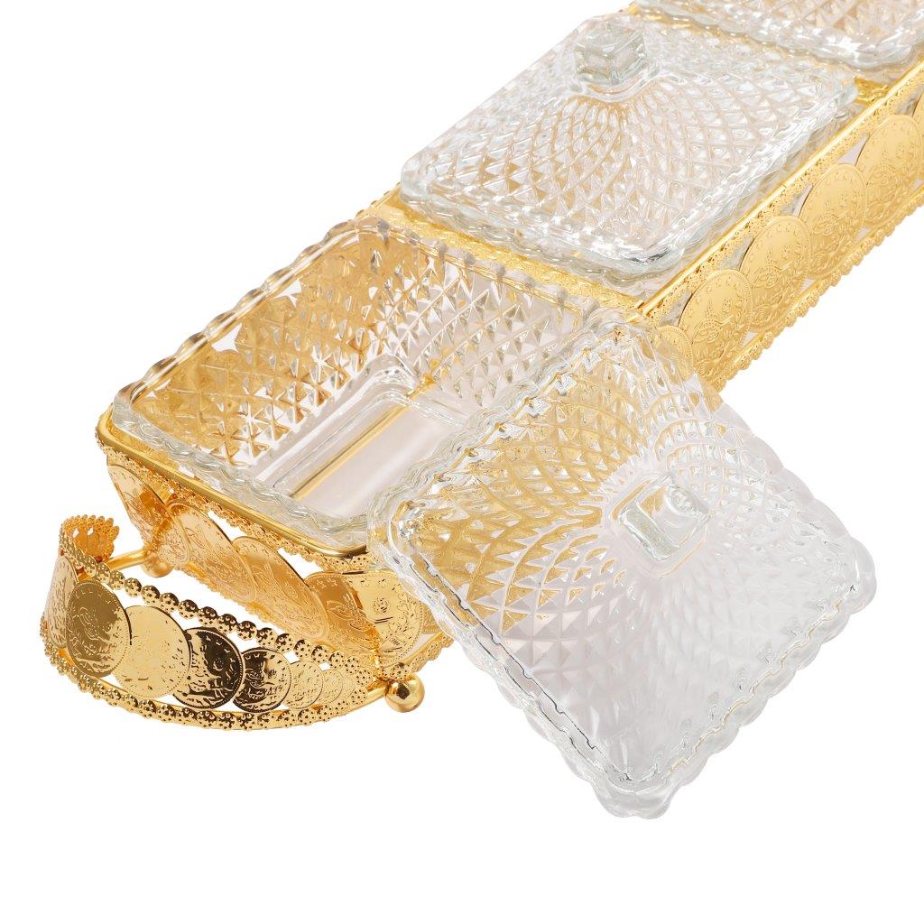 Metal Deco Gold Candy Box Nuts and Chocolates 2 Slot Serving Tray with Lid 47*11.5*10 cm